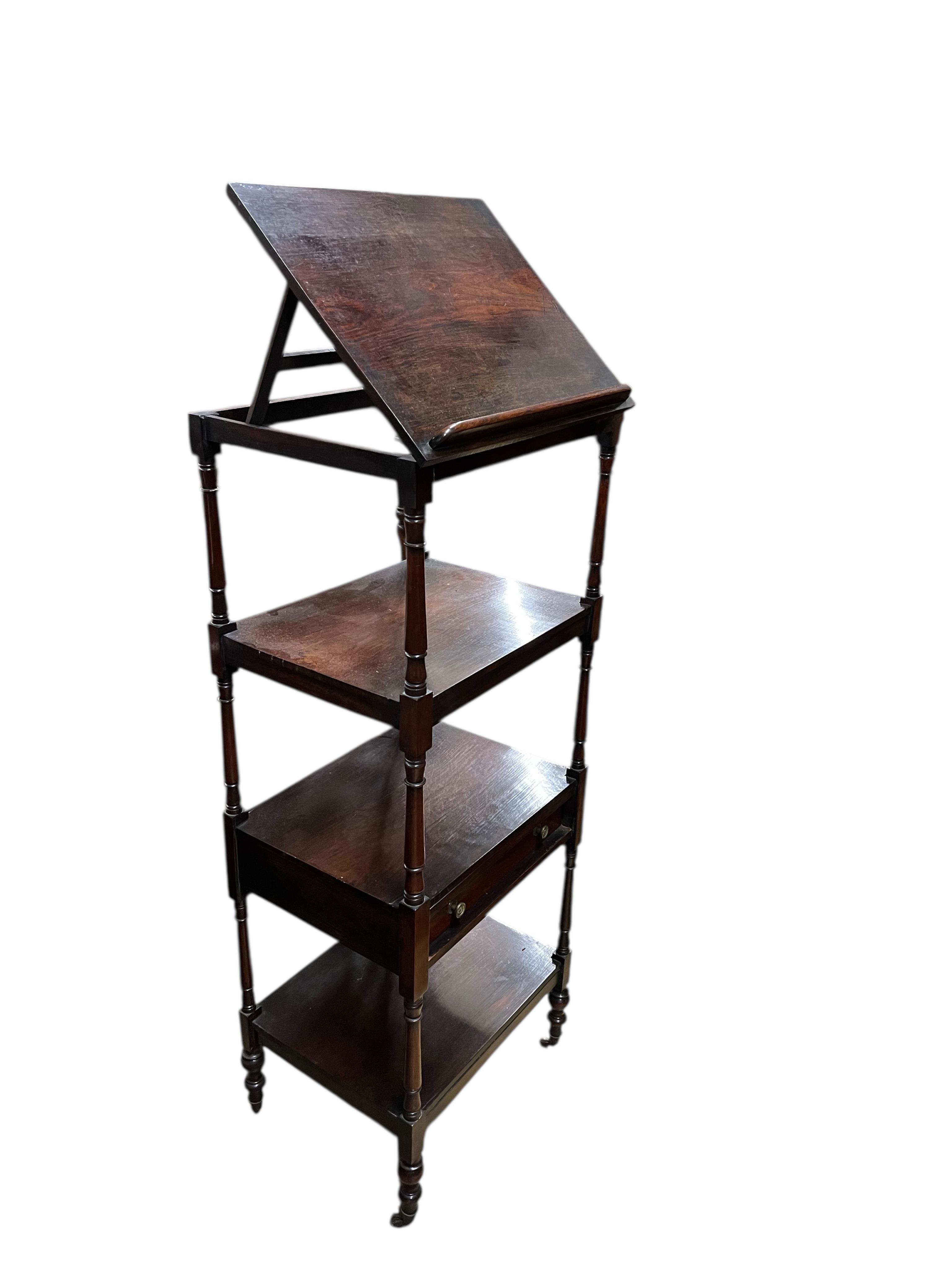 A Regency rosewood four tier whatnot with hinged ratchet top, width 46cm, depth 37cm, height 122cm